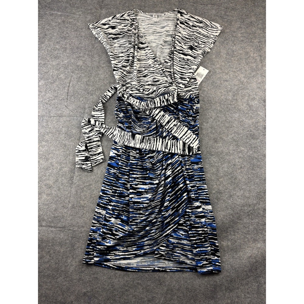 Maggy London Dress Womens 6 Faux Wrap Abstract V-Neck Casual Belted Business NWT
